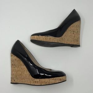 YSL patent leather cork wedges